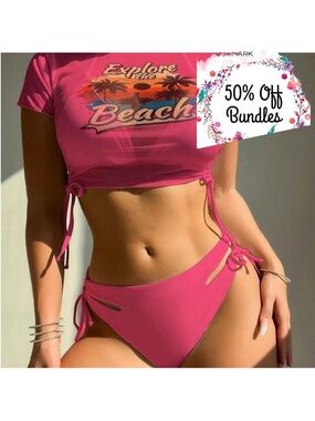 3 Piece Pink Beach Graphic Bikini Set